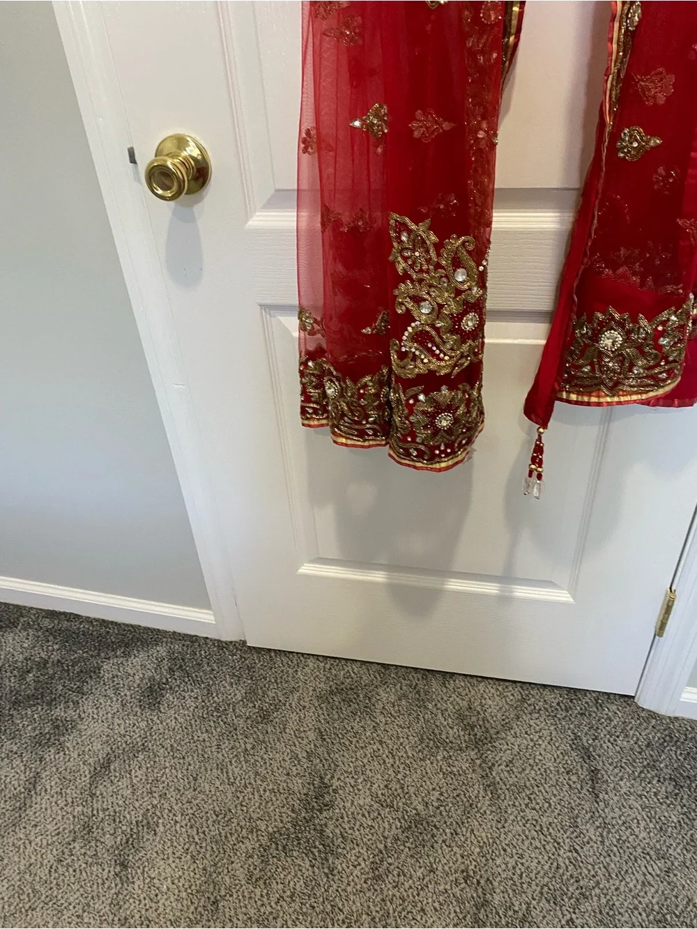 Bridal Red Embellished Sheer Scarf with Gold Accents